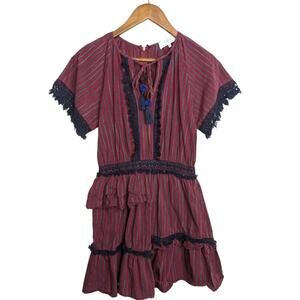 Sea New York Dress 2 Peasant Burgundy Striped Ruffled Pom Poms Lace Trim